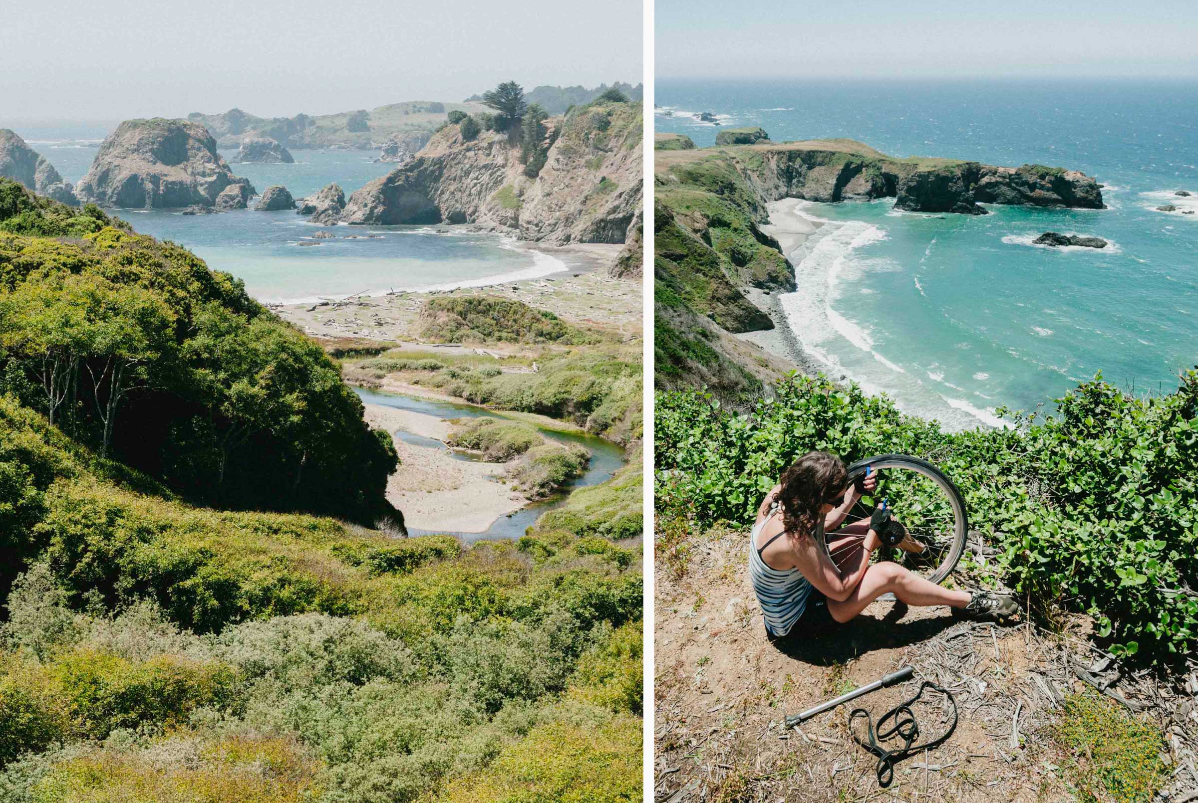 Fixing flat tires on the dramatic coast of California