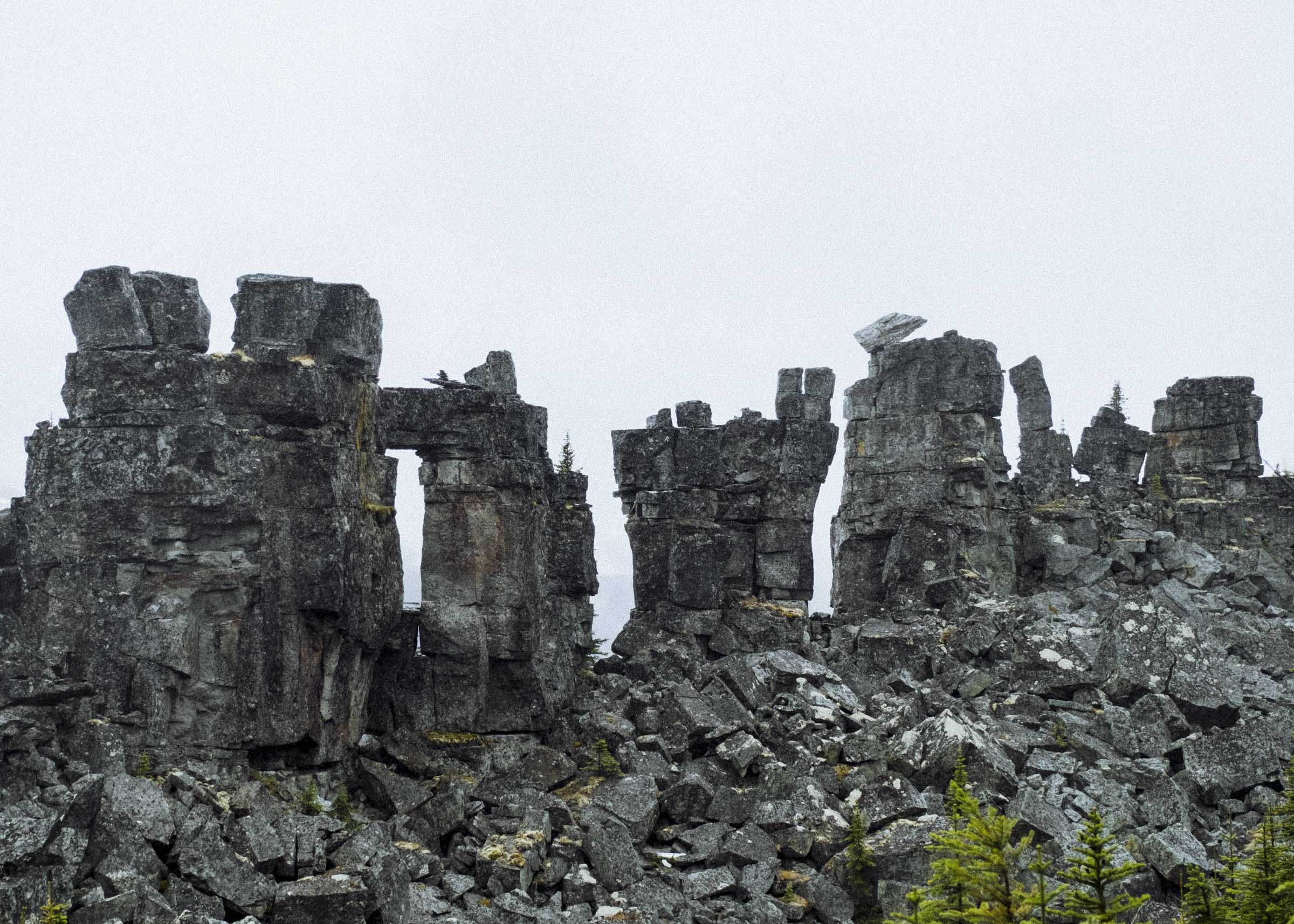 Old crumbling rock towers at the Shipyard Trail, Tumbler Ridge, BC