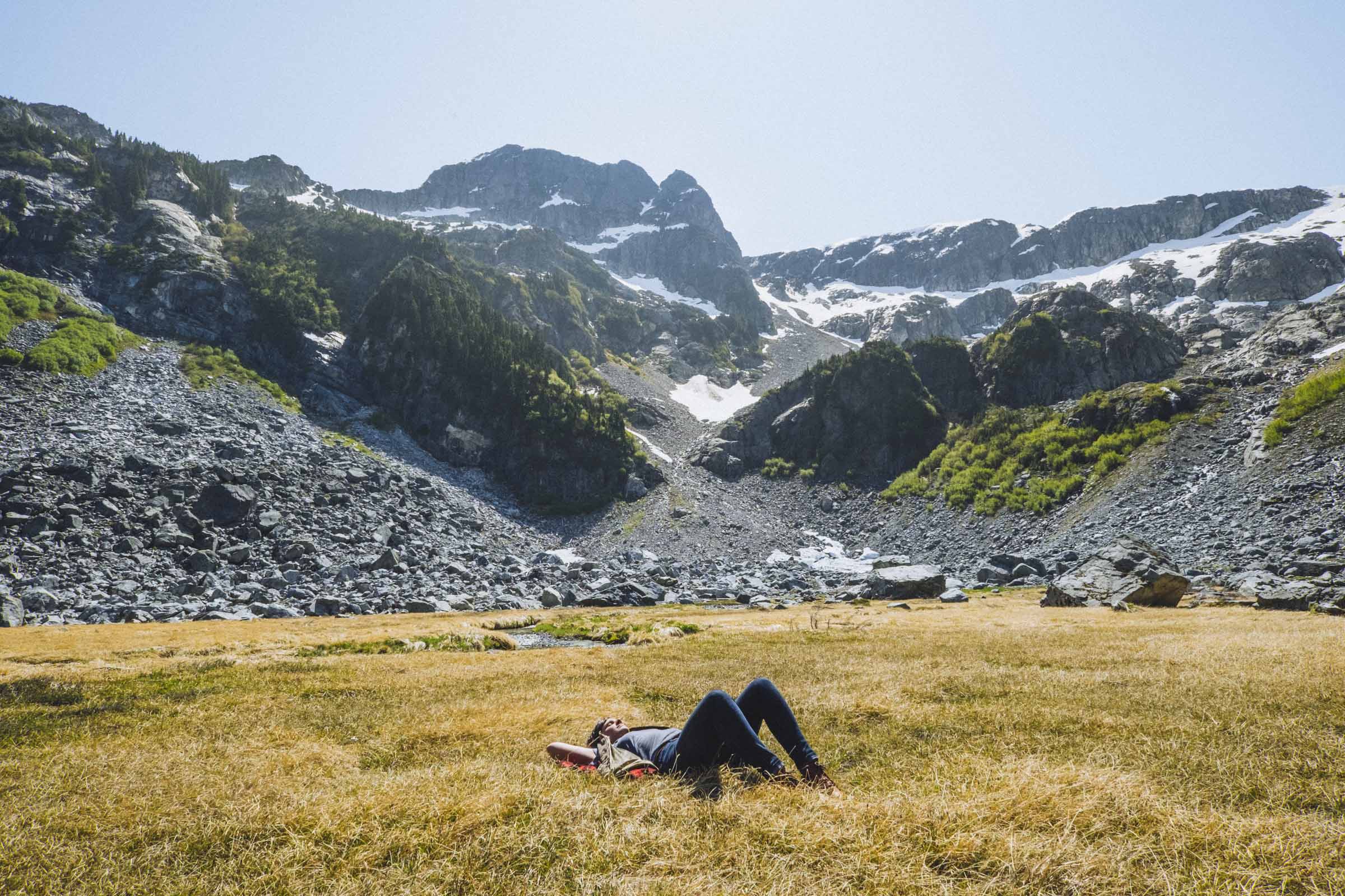 Taking a quick nap in the alpine meadow