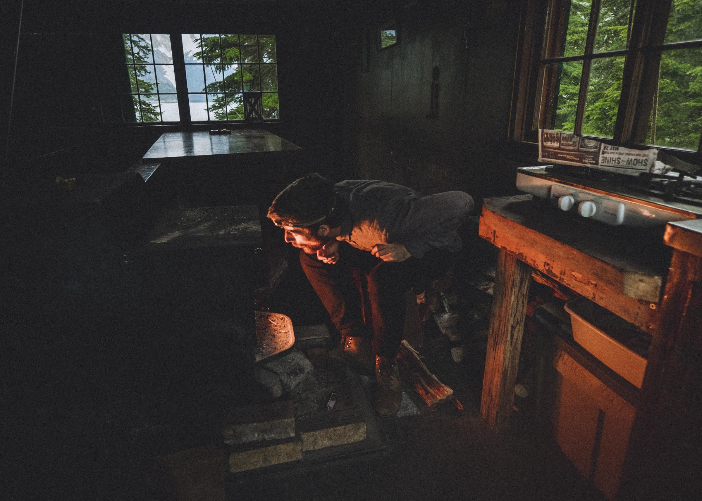 Lighting a fire in the Tantalus Hut